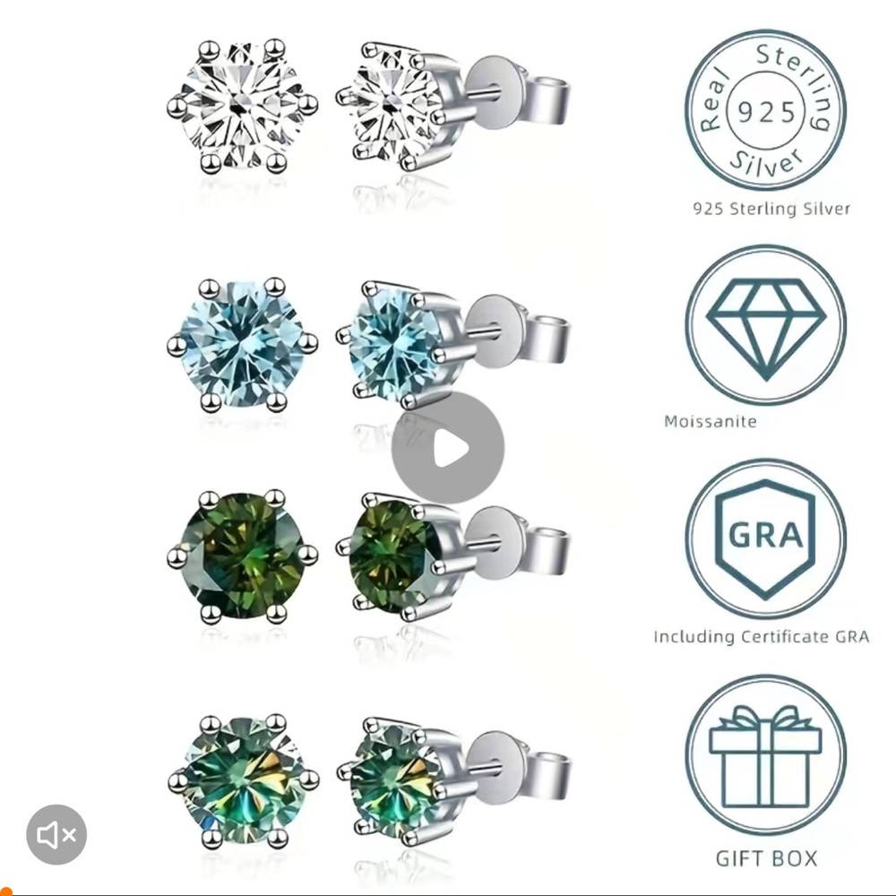 NWT 🩵 .925 STERLING SILVER 1.0 CARAT ICE BLUE MOISSANITE 6-PRONG STUD EARRINGS - Picture 5 of 8